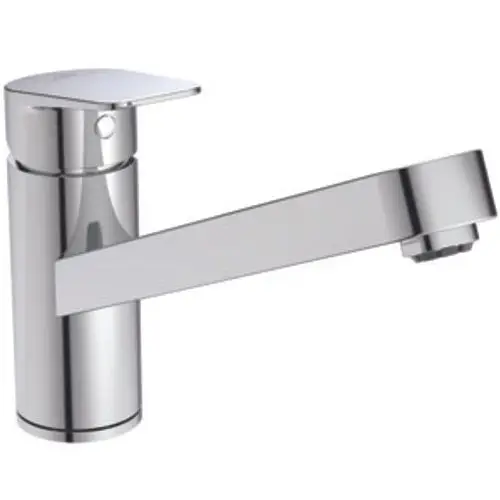 Chromfarbener Küchenwasserhahn mit einem modernen Design und einem seitlichen Griff für die Temperaturregelung.